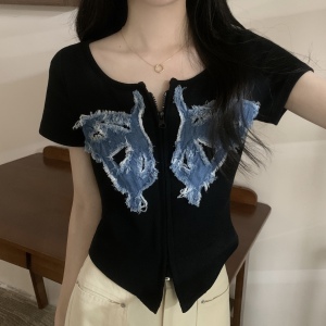 RM19714#夏季新款美式辣妹蝴蝶拉链短袖T恤女