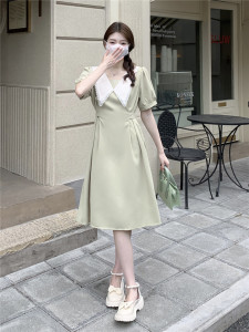 RM19734#夏装新款娃娃领连衣裙法式赫本风复古显瘦气质泡泡袖中长裙