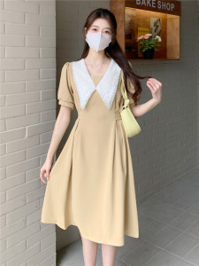 RM19734#夏装新款娃娃领连衣裙法式赫本风复古显瘦气质泡泡袖中长裙