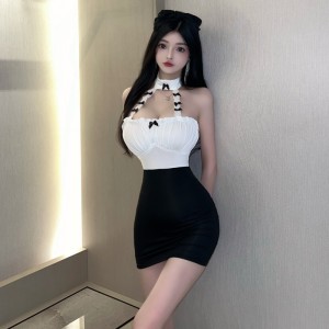 Bowknot Featured Design Version Tight Wrap Hip Black and White Combination Dress