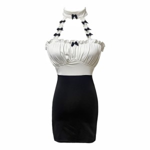 Bowknot Featured Design Version Tight Wrap Hip Black and White Combination Dress
