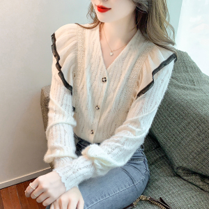 RM22649#新款女装时尚飞飞边纽扣v领设计潮流气质韩版小衫
