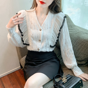 RM22649#新款女装时尚飞飞边纽扣v领设计潮流气质韩版小衫