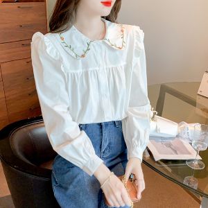 RM22650#新款韩版时尚气质绣花娃娃领木耳边抽皱甜美减龄上衣