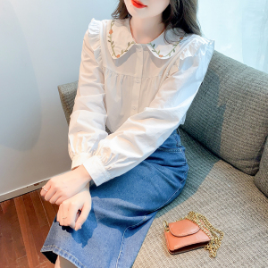 RM22650#新款韩版时尚气质绣花娃娃领木耳边抽皱甜美减龄上衣