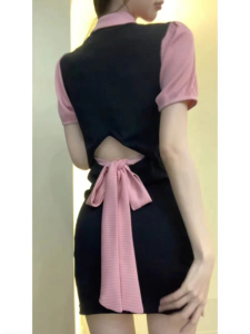 RM19670#夏季新款女装撞色拼接假两件修身显瘦Polo领泡泡袖连衣裙包臀短裙