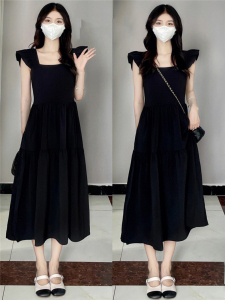 RM19671#夏季2023年新款女黑色连衣裙子小飞袖和赫本风长裙法式初恋茶歇