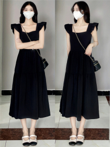 RM19671#夏季2023年新款女黑色连衣裙子小飞袖和赫本风长裙法式初恋茶歇
