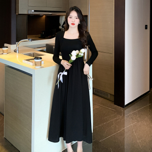 RM19423#黑色百搭针织长袖连衣裙女秋法式高级感收腰长裙