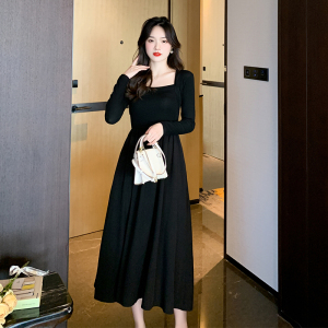 RM19423#黑色百搭针织长袖连衣裙女秋法式高级感收腰长裙