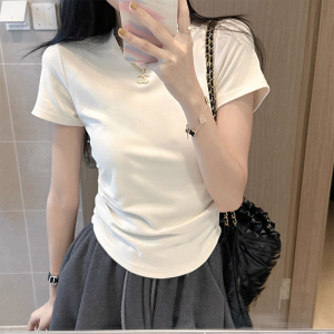 RM19609#侧腰褶皱短袖t恤女夏季正肩短款紧身上衣韩版别致设计感小众体恤
