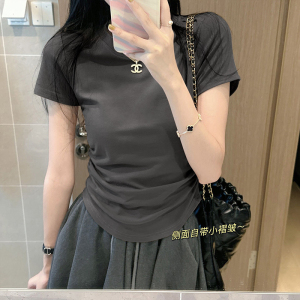 RM19609#侧腰褶皱短袖t恤女夏季正肩短款紧身上衣韩版别致设计感小众体恤