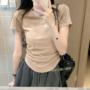 RM19609#侧腰褶皱短袖t恤女夏季正肩短款紧身上衣韩版别致设计感小众体恤