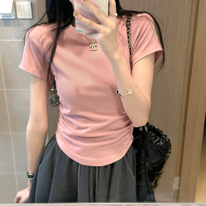 RM19609#侧腰褶皱短袖t恤女夏季正肩短款紧身上衣韩版别致设计感小众体恤