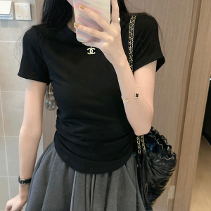 RM19609#侧腰褶皱短袖t恤女夏季正肩短款紧身上衣韩版别致设计感小众体恤