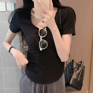 RM19610#紧身方领短袖t恤女夏正肩短款弧形下摆体恤设计感别致洋气上衣服