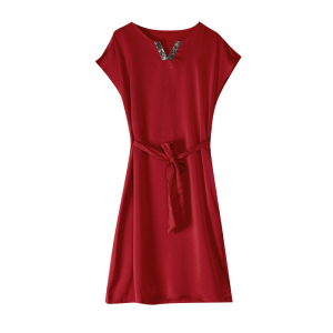 TR46241# 真码高级感显白中国红一分袖V领连衣裙 服装批发女装批发服饰货源