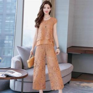 RM21039#时尚套装女2023夏季新款韩版蕾丝阔腿裤妈妈装休闲两件套大码女装