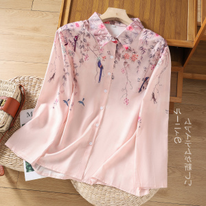 RM20752#新款韩版棉麻印花长袖宽松衬衣小衫女