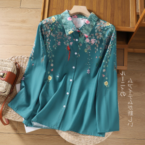 RM20752#新款韩版棉麻印花长袖宽松衬衣小衫女