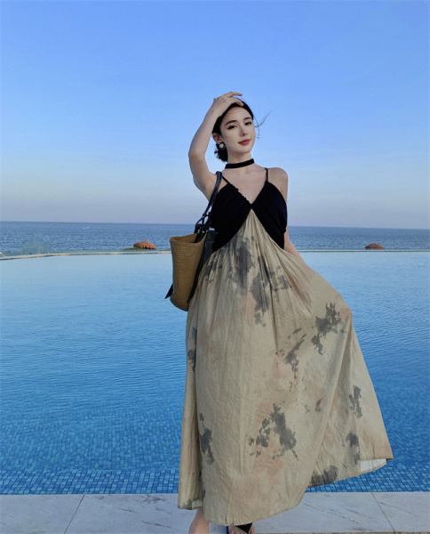 RM20201#新中式国风吊带连衣裙子女夏季2023新款法式长裙拼接潮