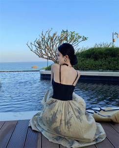 RM20201#新中式国风吊带连衣裙子女夏季2023新款法式长裙拼接潮