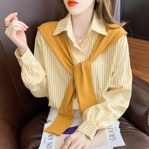 RM21048#ins港风长袖条纹衬衫女宽松休闲设计感小众披肩上衣