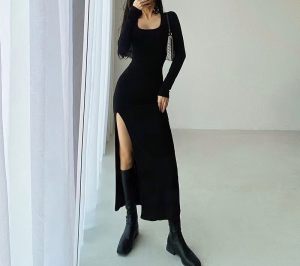 RM24844#高级感御姐赫本风法式复古港味方领长袖包臀开叉连衣裙针织面料