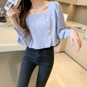 RM20366#秋韩版方领单排扣漏锁骨小心机蓝色长袖衬衫女上衣