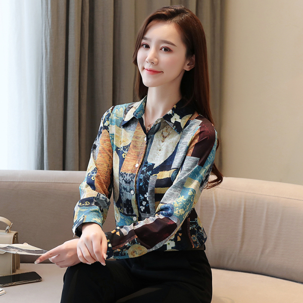 RM22677#新款韩版设计感女衬衫时尚复古港风印花长袖打底衫上衣