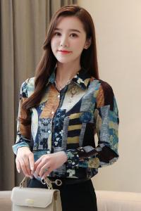 RM22677#新款韩版设计感女衬衫时尚复古港风印花长袖打底衫上衣