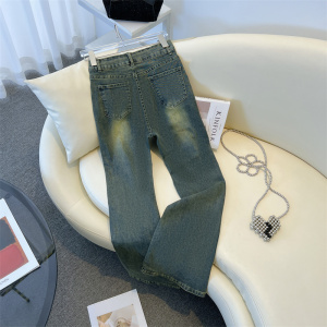 RM20436#复古做旧 立体分割水洗黄牛仔裤日常通勤显瘦微喇裤女夏