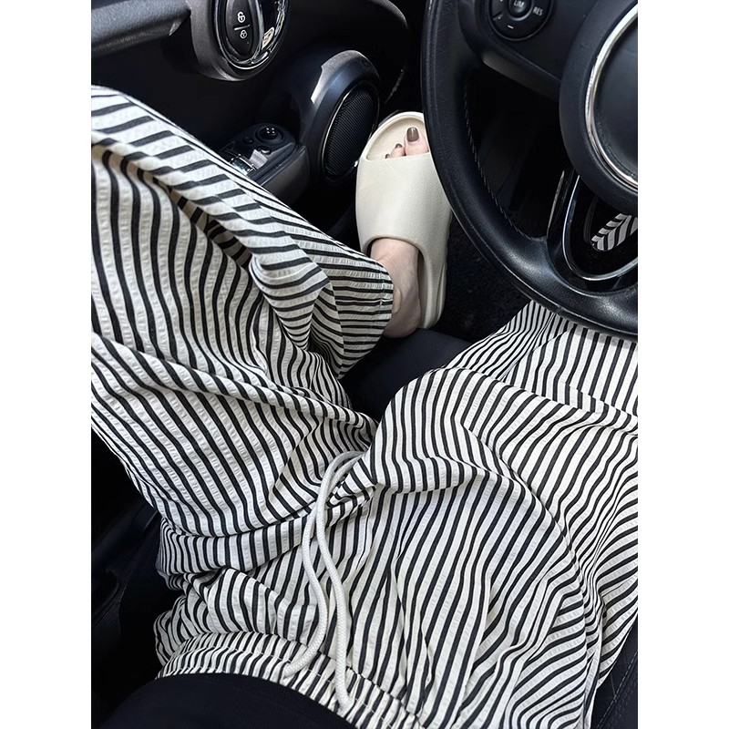American retro vertical striped pants women's summer 2023 new small loose slim casual straight wide-leg pants