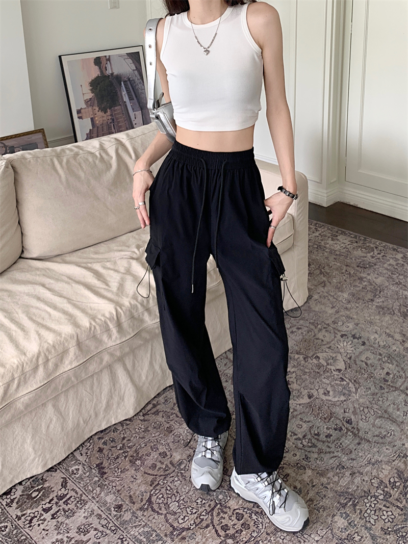 ~Women's drawstring high-waist overalls thin section casual straight-leg wide-leg pants loose mopping quick-drying pants