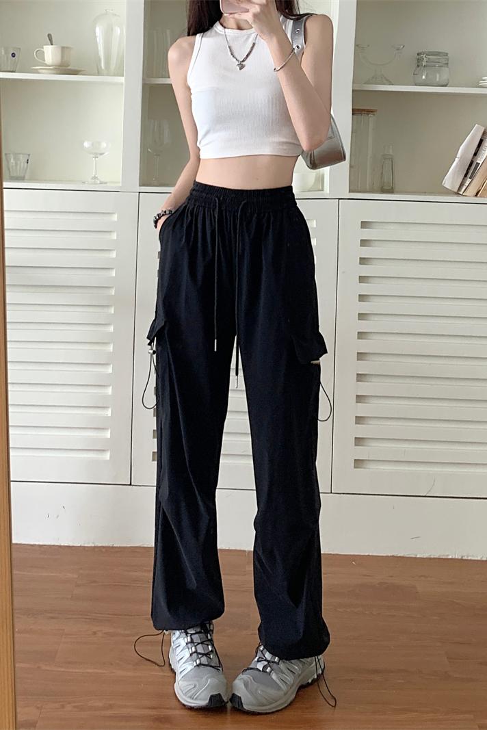 ~Women's drawstring high-waist overalls thin section casual straight-leg wide-leg pants loose mopping quick-drying pants