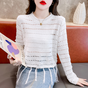 RM20731#镂空流苏设计感长袖日系针织衫甜美洋气修身套头上衣女