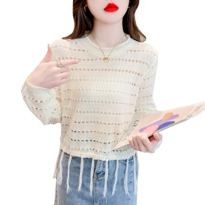 RM20731#镂空流苏设计感长袖日系针织衫甜美洋气修身套头上衣女