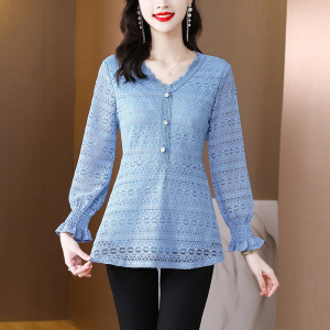 TR54739# 秋新款胖MM修身显瘦时尚V领长袖蕾丝衫 服装批发女装批发服饰货源
