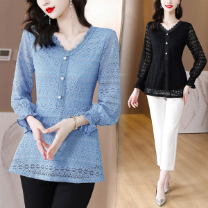 TR54739# 秋新款胖MM修身显瘦时尚V领长袖蕾丝衫 服装批发女装批发服饰货源
