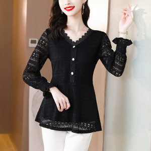 TR54739# 秋新款胖MM修身显瘦时尚V领长袖蕾丝衫 服装批发女装批发服饰货源