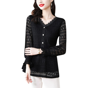 TR54739# 秋新款胖MM修身显瘦时尚V领长袖蕾丝衫 服装批发女装批发服饰货源
