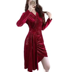 RM23762#新款V领名媛风套头不规则裙气质修身显瘦包臀连衣裙