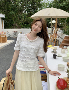 TR48398# 韩版蕾丝拼接短袖T恤小众圆领钉珠上衣 服装批发女装批发服饰货源