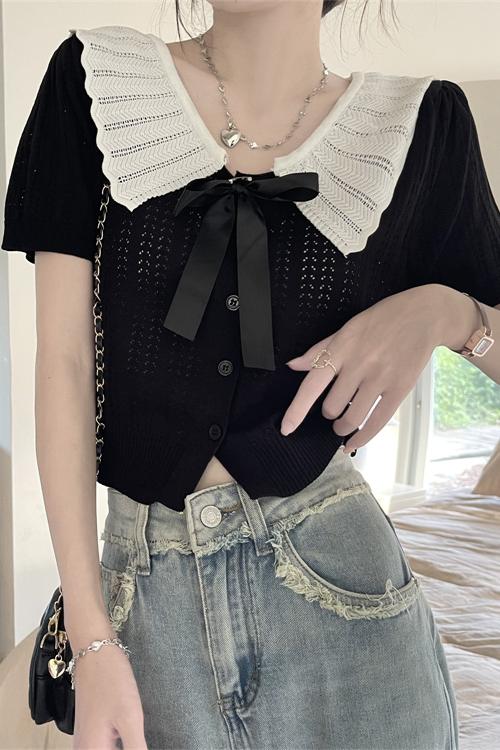 Real shot of college style retro short-sleeved Polo shirt for women summer knitted cardigan Japanese doll collar top