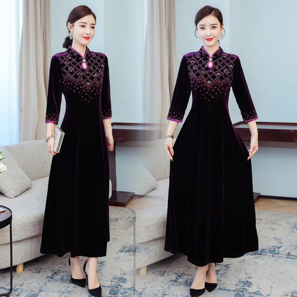 RM23299#新款女式长款复古烫钻中国风婚礼宴会妈妈显瘦旗袍