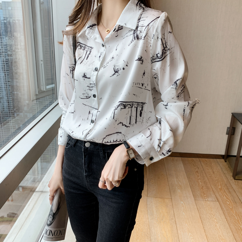 實拍 2025秋季新款休閑涂鴉印花長袖高級緞面雪紡襯衫女上衣