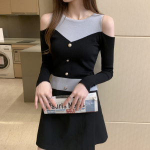 RM20370#秋季新款露肩拼色短款黑色长袖修身外穿显瘦针织衫上衣