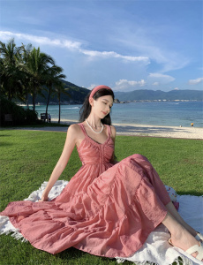 RM20202#新款法式v领吊带绝美连衣裙女高端精致辣妹粉色裙子女夏季
