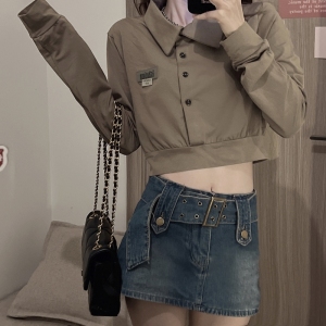 RM21709#设计感小众辣妹polo领短款套头卫衣女秋季别致收腰显瘦露脐上衣潮