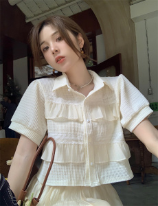 TR48397# 韩版设计感花边短袖衬衫上衣 服装批发女装批发服饰货源